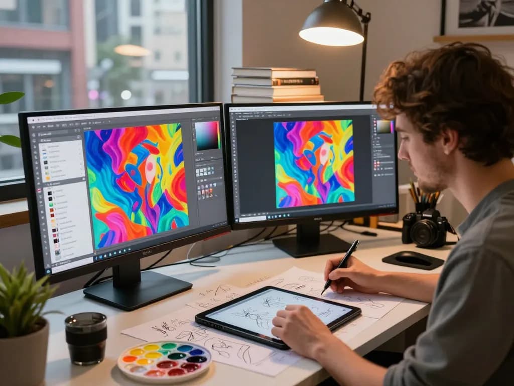 Artist using the nano banana flash editor in a vibrant digital art studio.