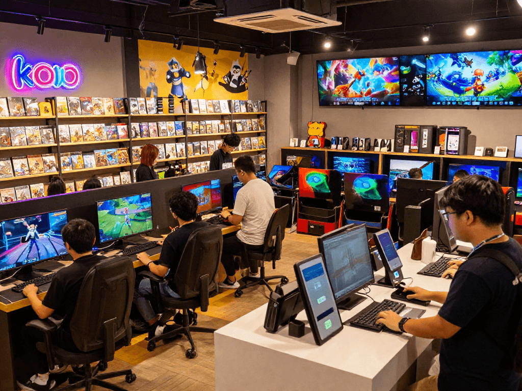 Experience the vibrant atmosphere of https://rokok88.com game store in Jakarta Barat, with engaging customers and latest game releases.