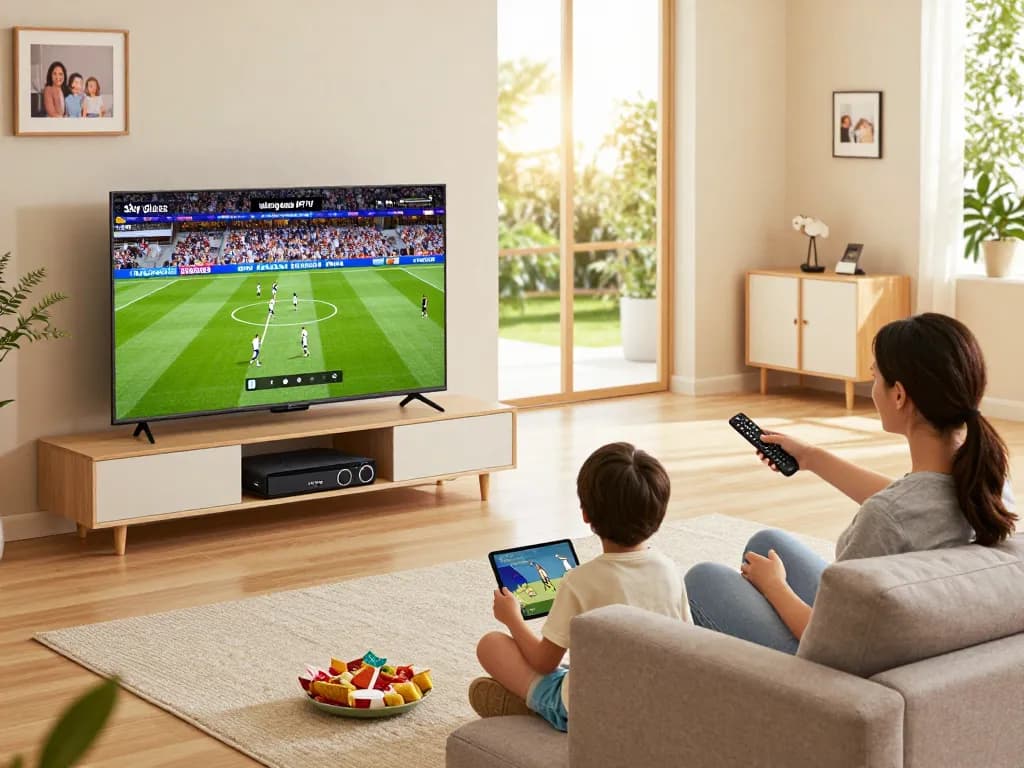 Enjoying Sky Glass IPTV family entertainment experience in a bright living room.