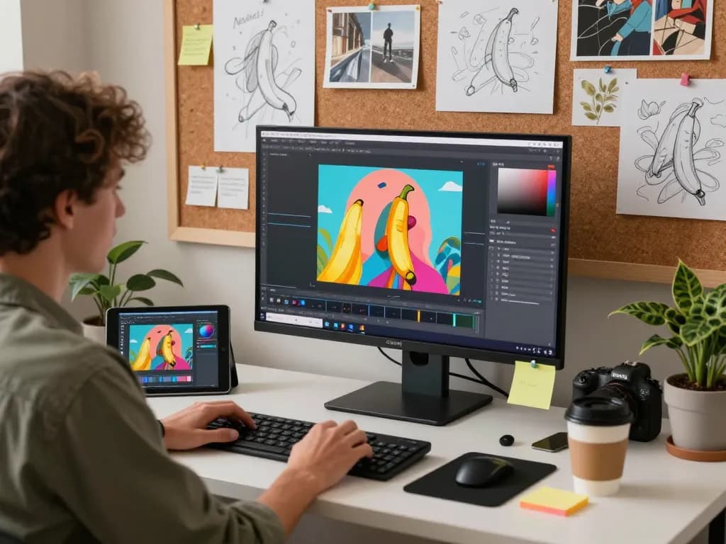 Engaging workspace showcasing the creative process with nano banana ai tools in digital art.
