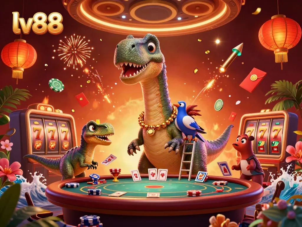 Experience the thrill of lv88 with a vibrant casino scene featuring a brontosaurus and raptor dealers.