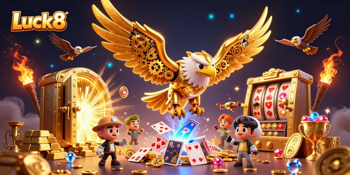 Experience excitement with Luck8's dynamic casino atmosphere featuring a golden eagle amidst holographic playing cards.