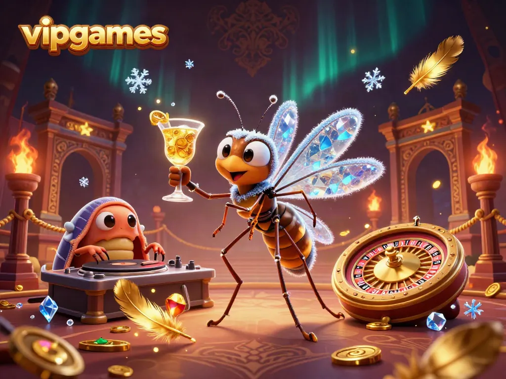 Experience thrilling gameplay with vipgames' cartoon casino mascot, spinning golden roulette, and dynamic DJ.