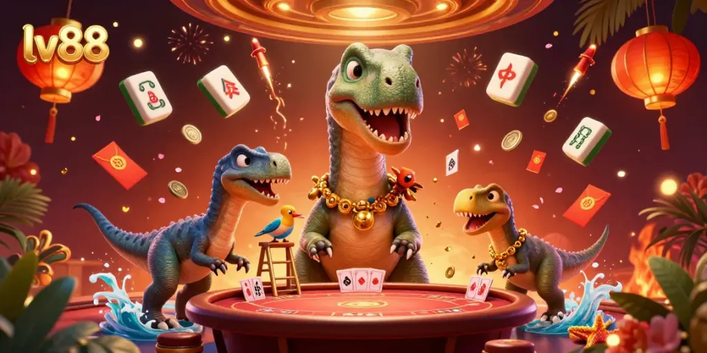 Join the fun at lv88, where a playful scene unfolds with a brontosaurus and clever raptor!