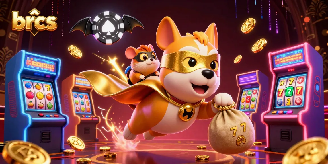 Experience exciting gaming with brcs as a superhero dog delivers gold coins in an animated casino world.