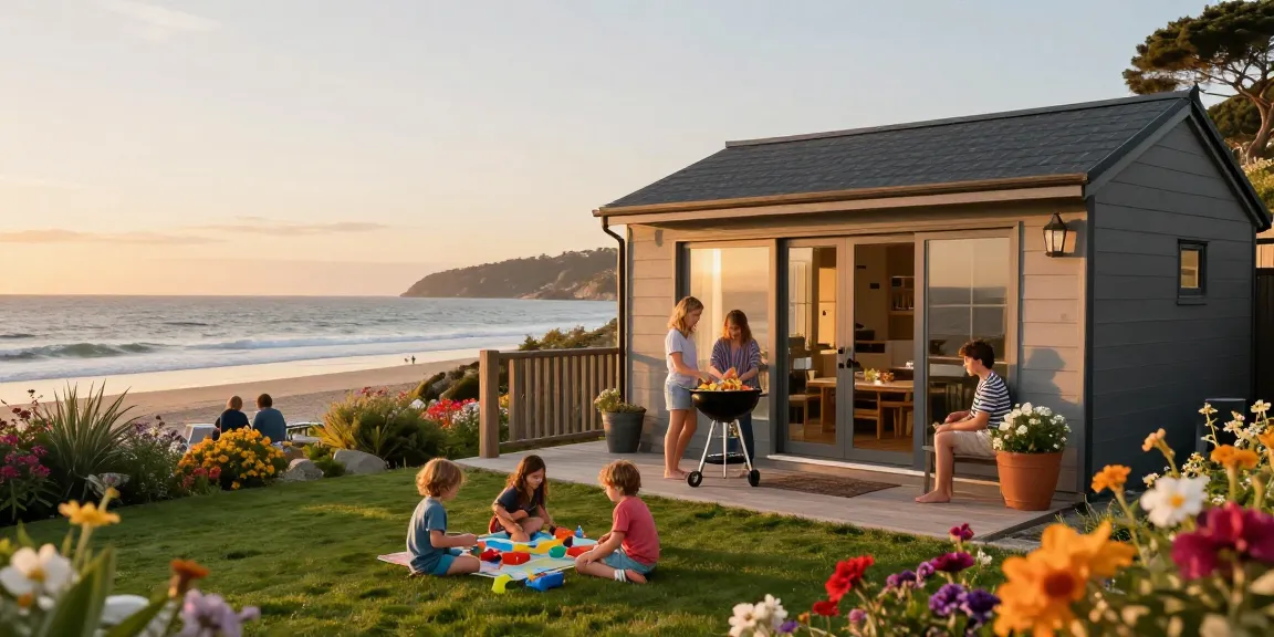 Holiday let management in a scenic coastal retreat, family enjoying outdoors with barbecue and beach toys.