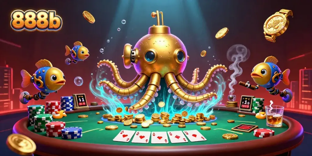 Experience unparalleled fun at 888b, featuring a dynamic scene with a golden kraken submarine and poker elements.