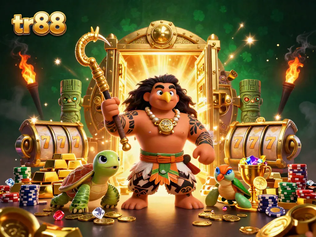 Spin the tr 88 reels with vibrant treasures and dynamic casino action in this 3D illustration.