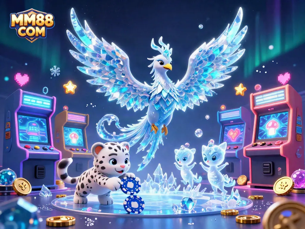 Experience vibrant fun with MM88 COM featuring a dazzling ice phoenix and casino-themed elements.