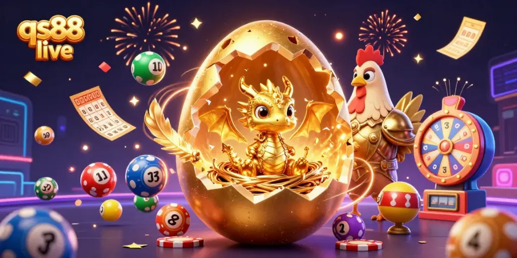 Experience qs88 live with a vibrant celebration of colorful lottery balls and golden casino elements.