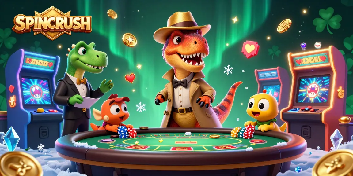 Engage with SPINCRUSH at a blackjack table featuring a cartoon velociraptor card counter, stegosaurus pit boss, and a sneaky compy.