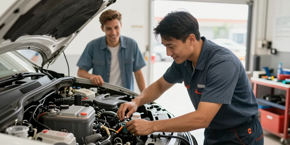 Local auto repair expert assessing low coolant symptoms in a trusted nearby business.