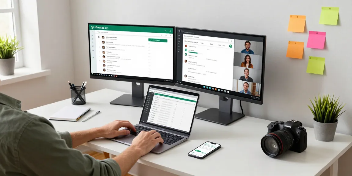 Professional workspace with WhatsApp電腦版 on dual monitors showcasing seamless communication and collaboration