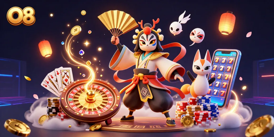 Experience thrilling gameplay at O8 with a vibrant scene of kabuki warriors and casino elements.