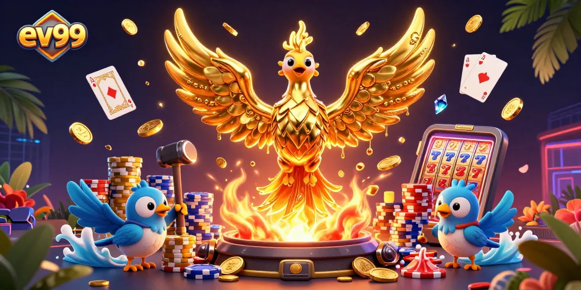 Witness the captivating ev99 golden phoenix emerging from a forge while coins scatter in this dynamic casino scene.