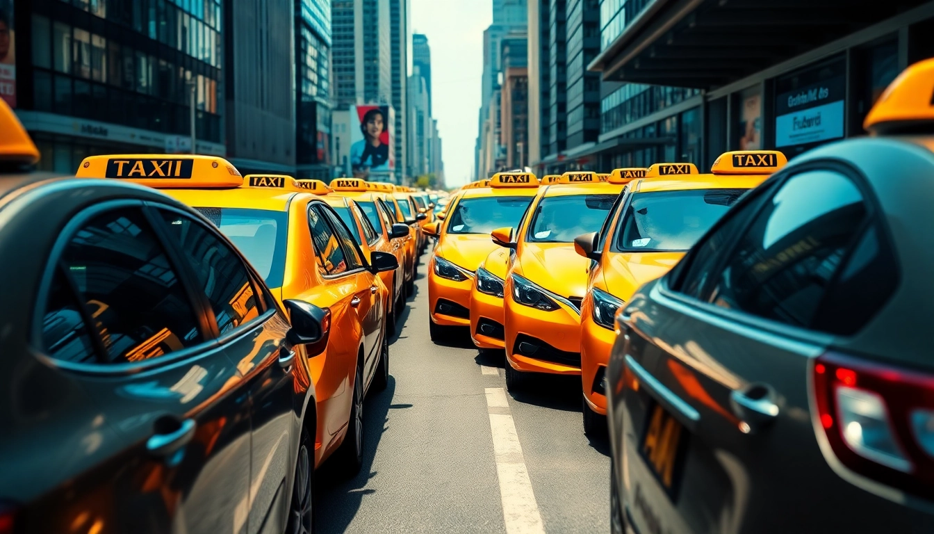 Arrange of taxis ready for service at a busy city taxi stand, teeming with energy and movement.