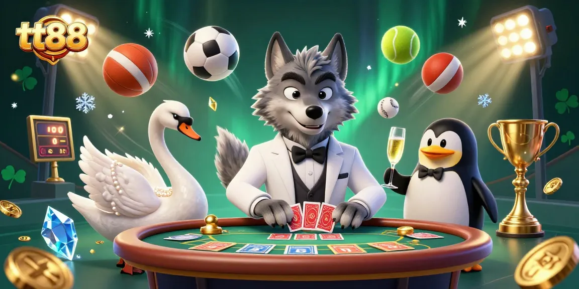 Experience thrilling betting with tt88, featuring dynamic casino characters and vibrant sports elements.