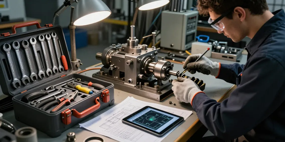 Technician using Stahlwille tools in a professional workshop setting, surrounded by industrial equipment and detailed blueprints.