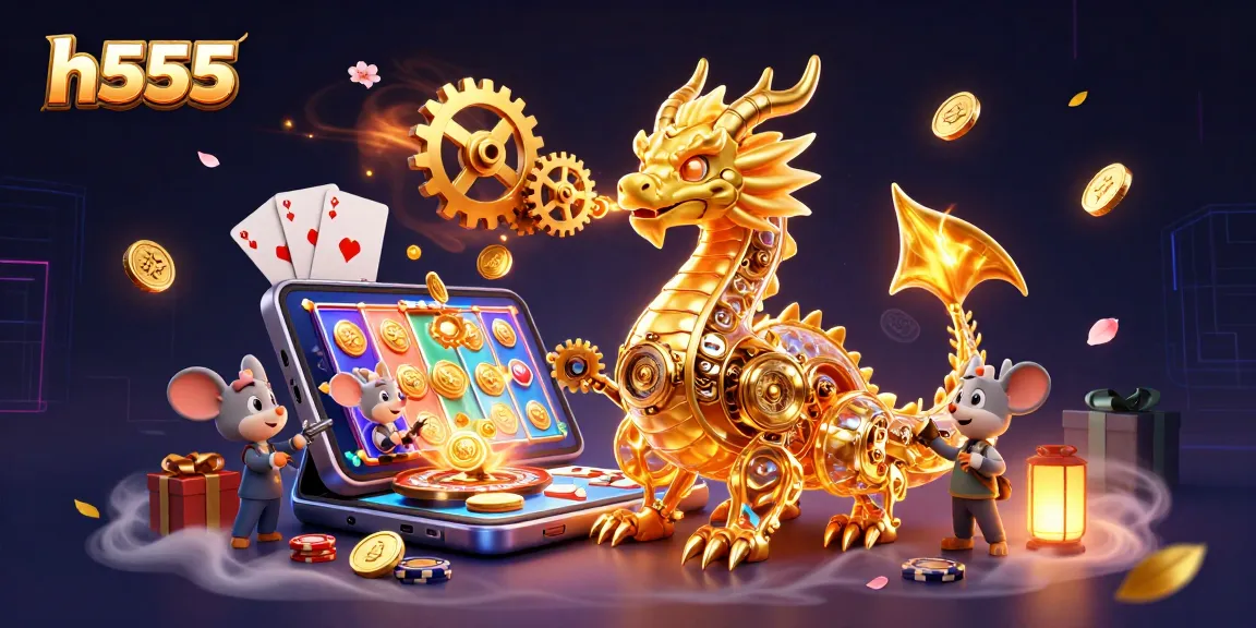 Experience h555 with a golden dragon and mouse engineer amidst dynamic casino elements.