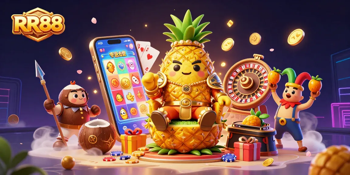Experience thrilling action at RR88 with a golden pineapple king and entertaining casino elements.