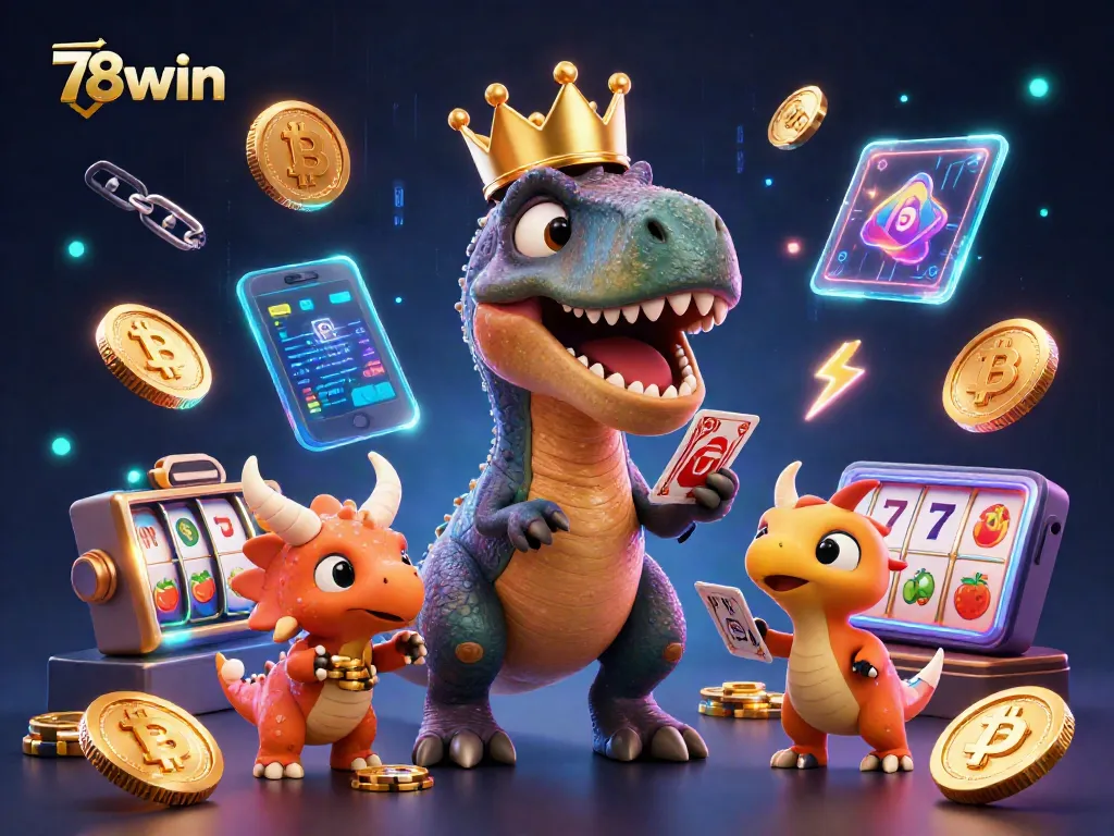 Engage in thrilling gameplay at 78win with cartoon dinosaurs stacking chips and handling cards.