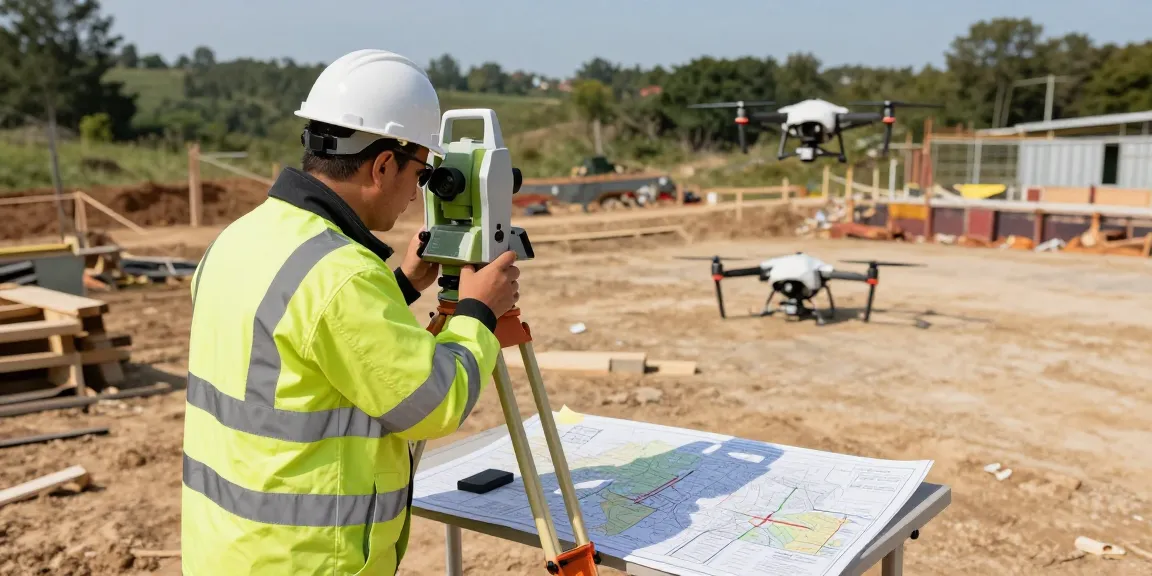 Topographical surveys Surrey with professionals using advanced equipment at construction site.