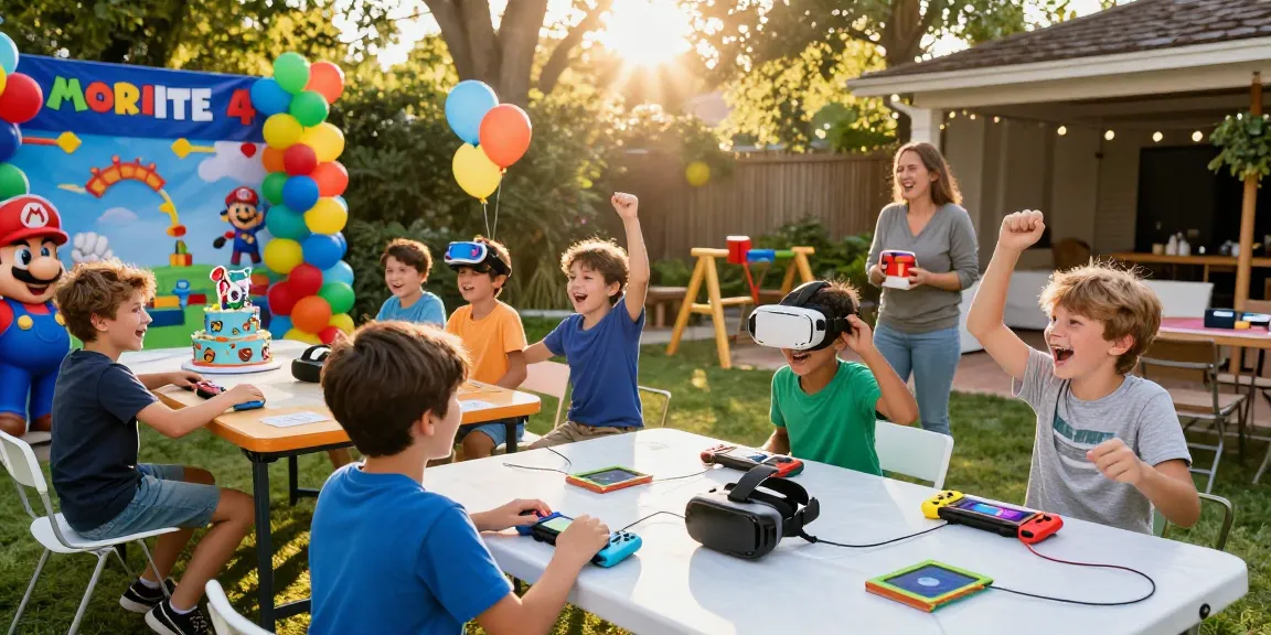 Boys birthday party with gaming activities in a vibrant garden setting, featuring consoles, VR headsets, and colorful decorations.