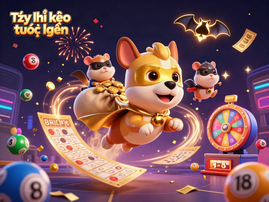 The superhero dog flying high symbolizes Tỷ lệ kèo trực tuyến with gold coins in a vibrant casino-themed scene.