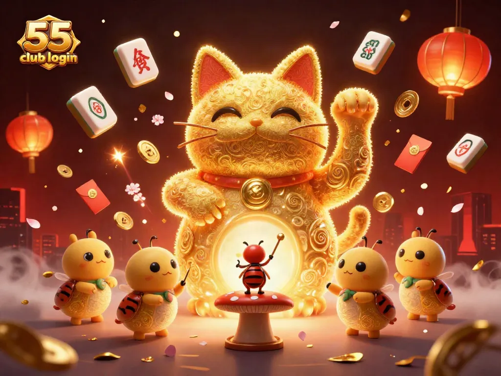 Engage in online betting with 55 club login showcasing vibrant casino elements and a lucky cat.