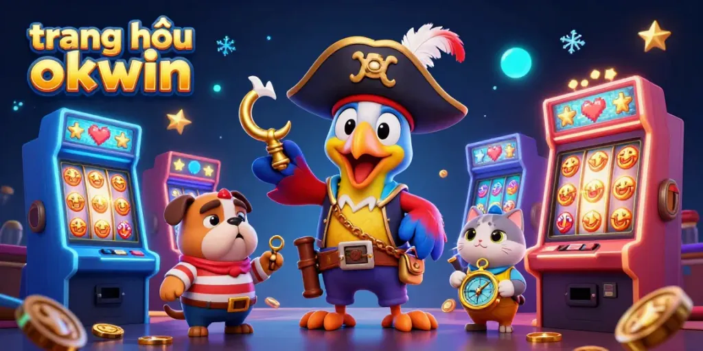 Engage with the vibrant world of gaming at trang chủ okwin featuring lively characters and slot machines.