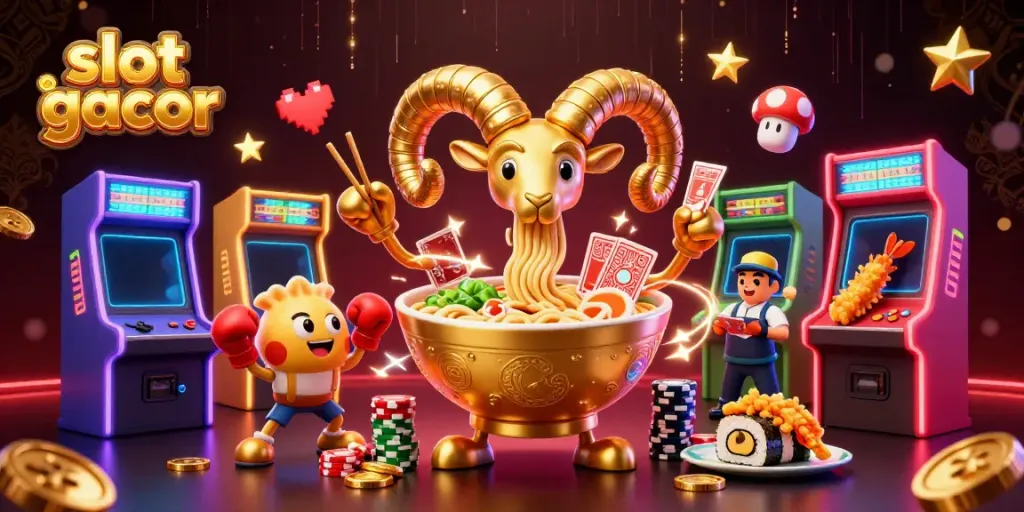 Showcasing the vibrant slot gacor scene with a ramen bowl dealer and dynamic game elements.