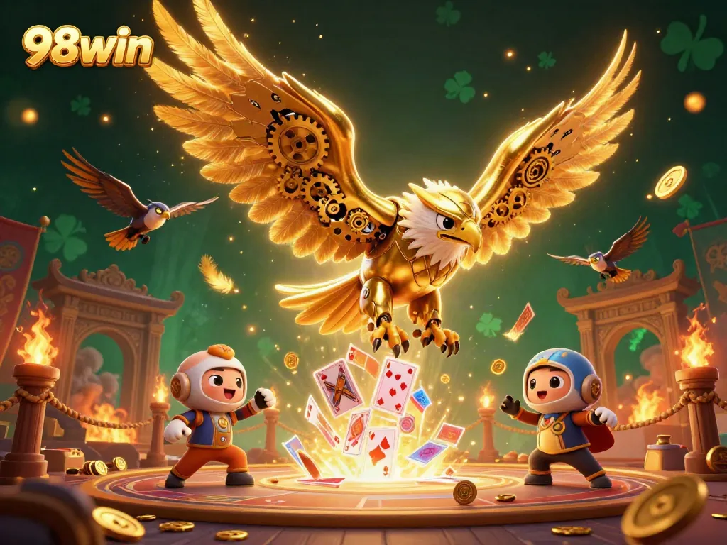 Experience thrilling gameplay at 98win with a golden eagle soaring through vibrant casino elements.