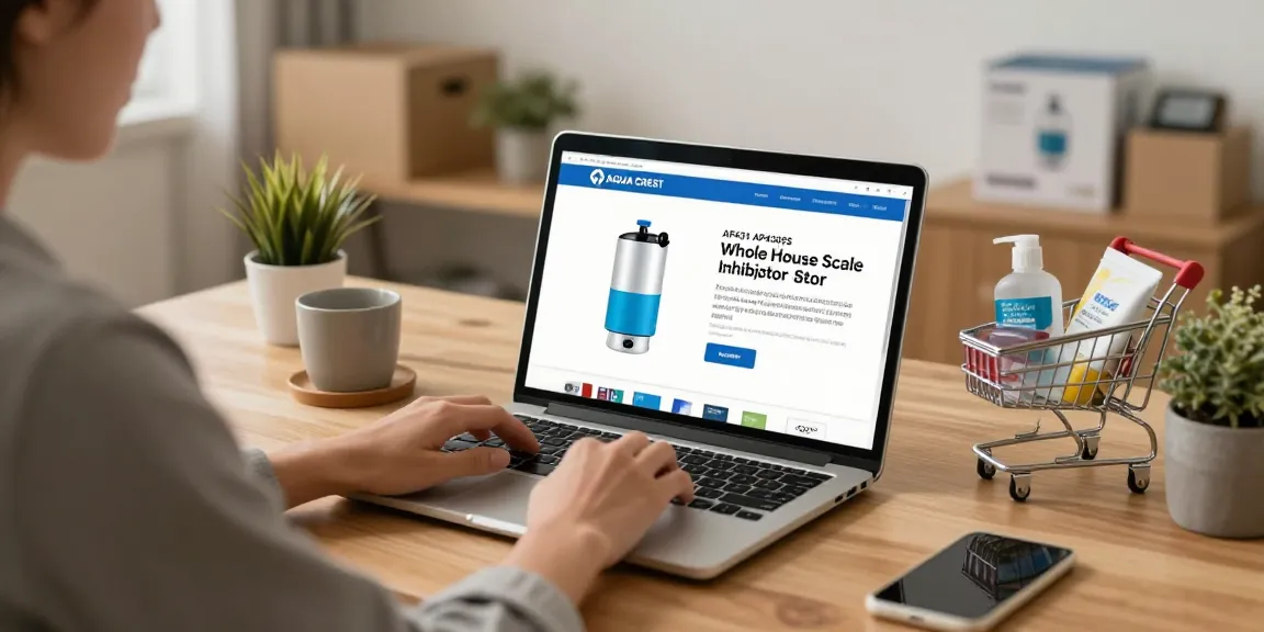 AQUA CREST AP431 AP430SS Whole House Scale Inhibitor - Inline Water System in a product review scene, ideal for e-commerce platforms, showcasing the best deals for home improvement and buyers’ guides.