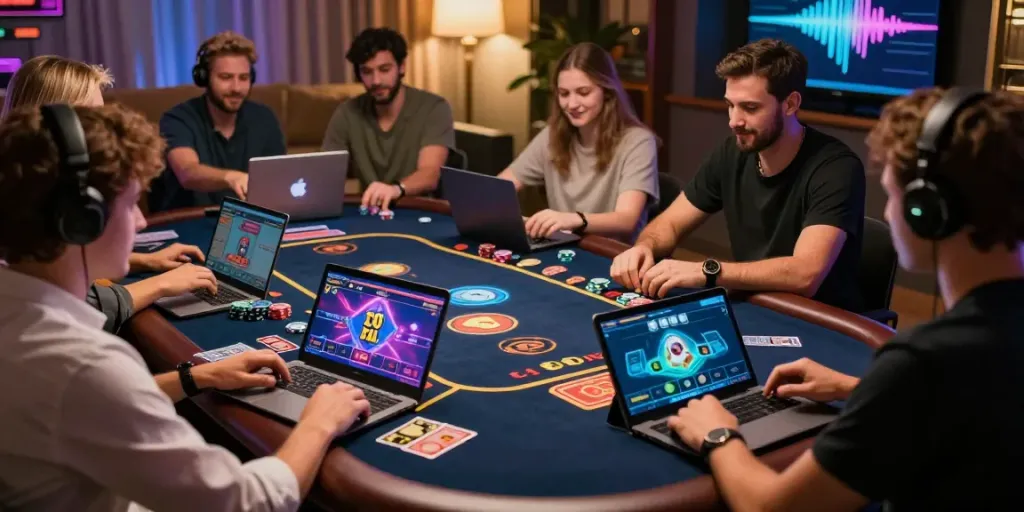 Excited players experiencing casino non gamstop online games in a vibrant living room atmosphere