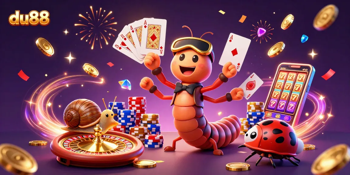 Engage with du88's vibrant casino scene featuring a cartoon millipede dealer amidst exciting game elements.