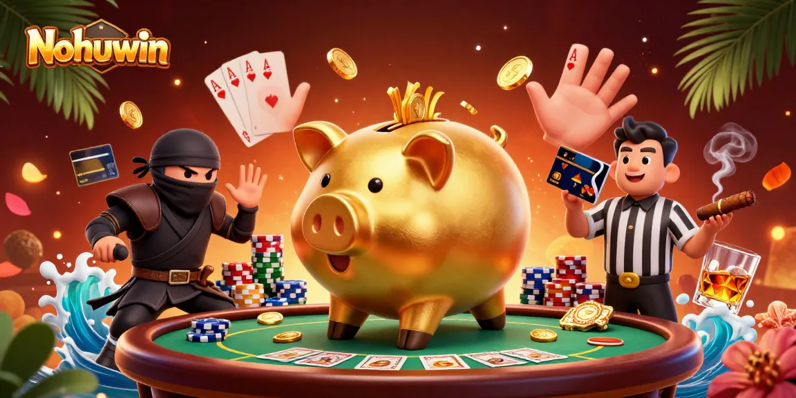 Nohuwin slots scene with golden piggy bank, ninja, and referee amidst poker chips.