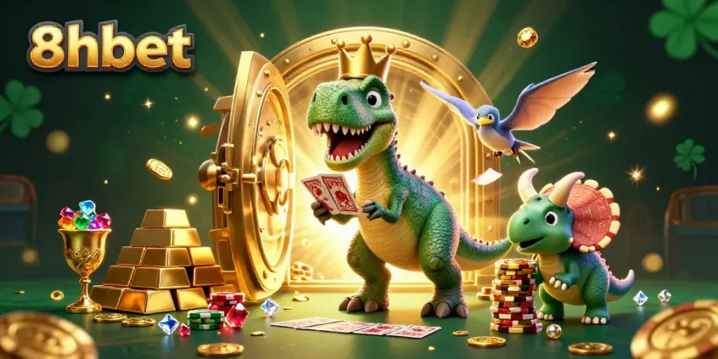 Experience the excitement of 8xbet with playful characters in an online gaming scenario, filled with treasures.