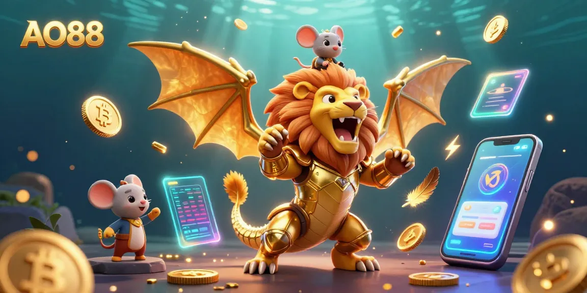 Experience the thrilling AO88 casino adventure with a golden armored chimera and vibrant cryptocurrencies surrounding it.