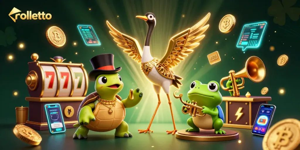 Experience rolletto's thrilling slots as a cartoon crane, turtle, and frog engage in vibrant action.