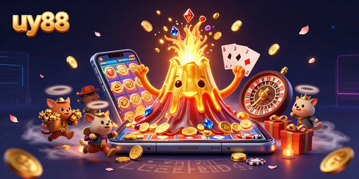 Experience the thrill of uy88 gaming with a triumphant volcano erupting coins, surrounded by playful characters and vibrant casino elements.