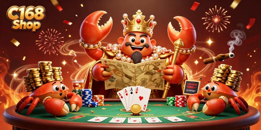 Engage with the vibrant C168 Shop casino scene, featuring a golden crab emperor and dynamic poker elements.