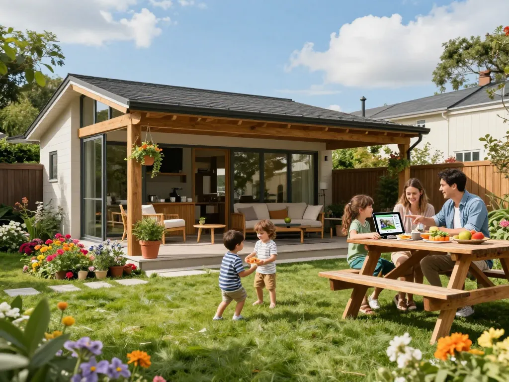 Family engaging with a veranda configurator on a tablet in a sunny backyard.