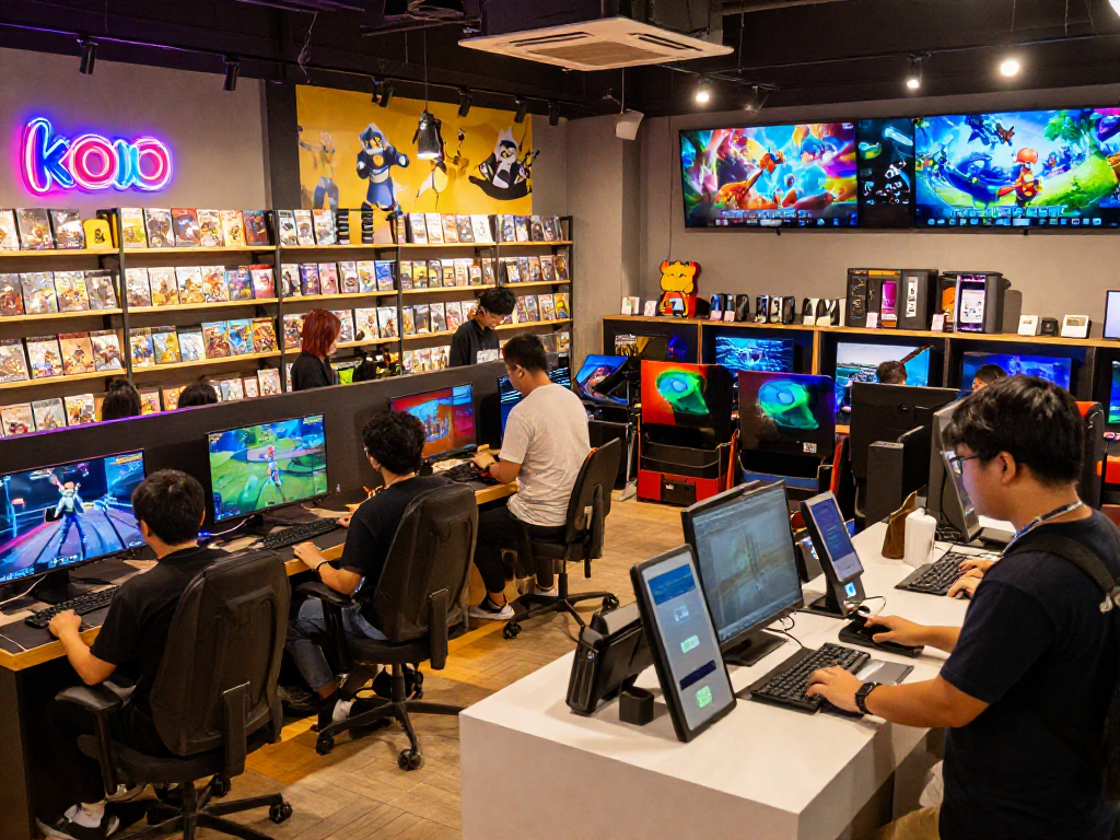 Experience the vibrant atmosphere of https://rokok88.com game store in Jakarta Barat, with engaging customers and latest game releases.