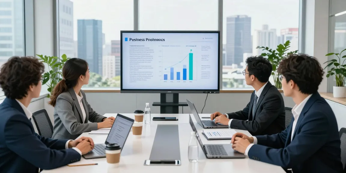 Diverse team in a meeting discussing business phone providers comparison, modern office setting.