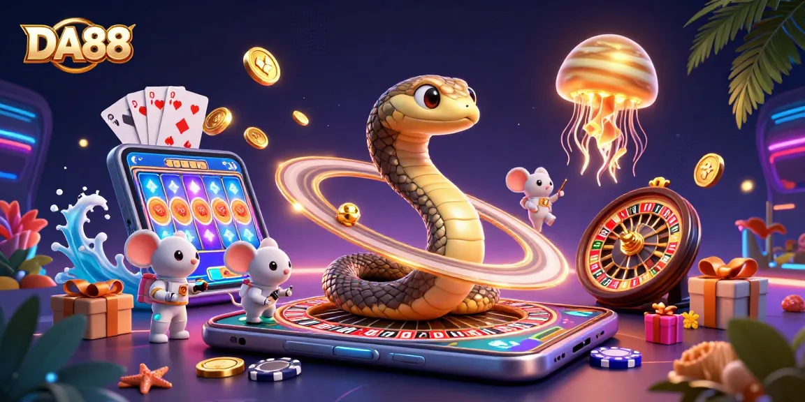 Engage with DA88's thrilling gaming universe featuring animated characters and vibrant casino elements.