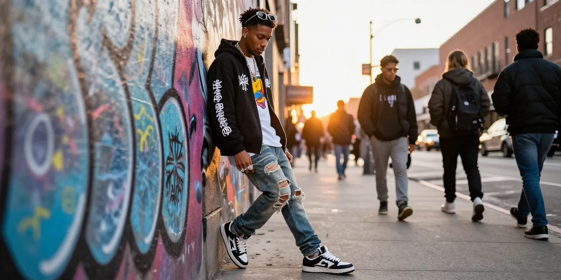 Stylish individual wearing Chrome Hearts hoodie and accessories in urban street setting.