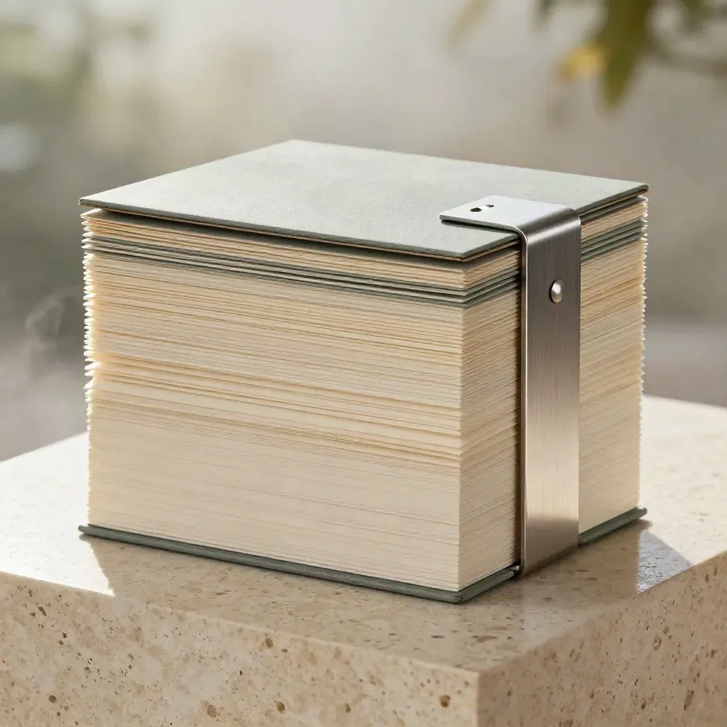 Premium AI blog draft kit with layered cards on a travertine plinth in misty daylight.