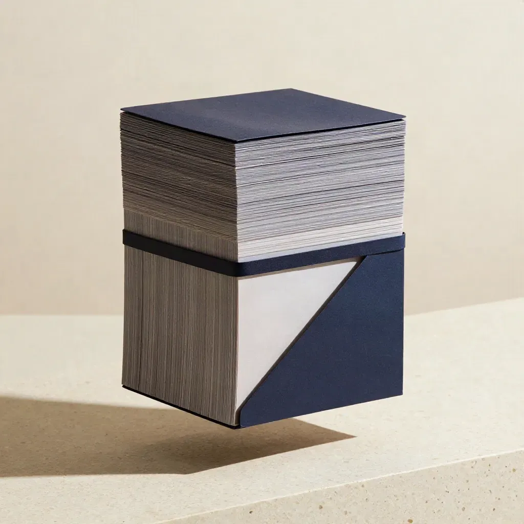 Suspended stack of dark-edged editorial cards in a pale airy field with a long shadow.