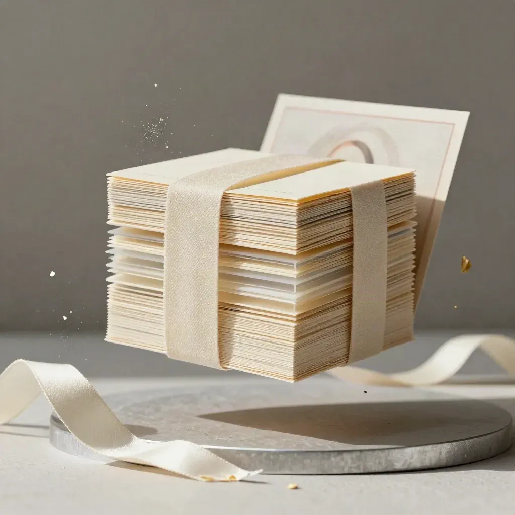 Floating cream product cards, translucent dividers and canvas wrap in dramatic raking light.
