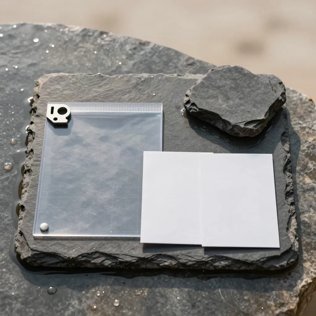 Overhead flatlay of a caption pack sleeve, stone coaster and folded cards on wet stone.